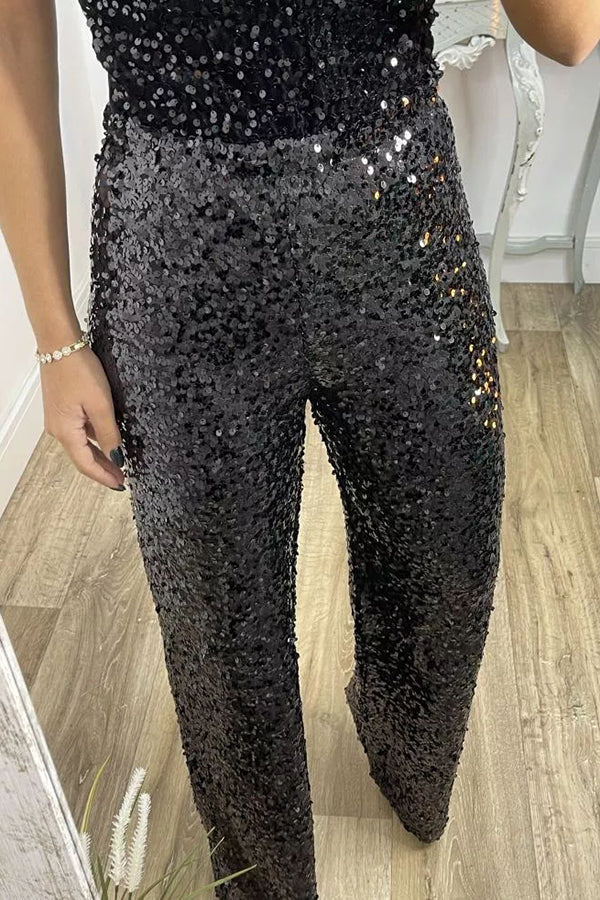 Pantalón ancho Glamour Deslumbrante de lentejuelas de talle alto con cintura elástica