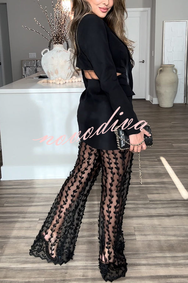 Pantalón acampanado Temperamento de Reina de malla con estampado de hojas y talle alto