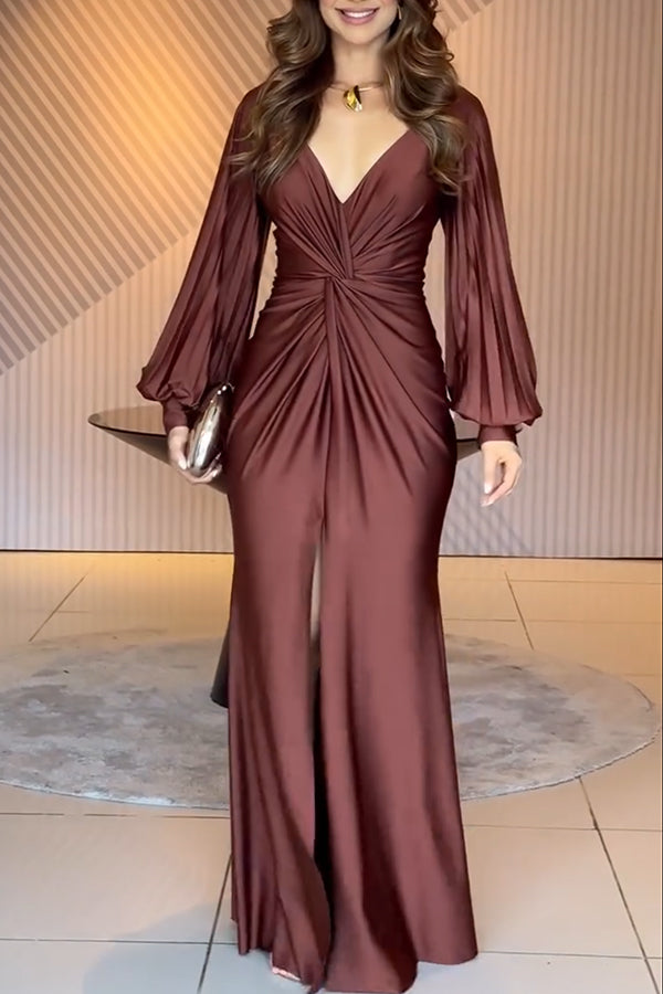 Vestido largo Brindemos de satén con manga larga globo, cintura cruzada y abertura