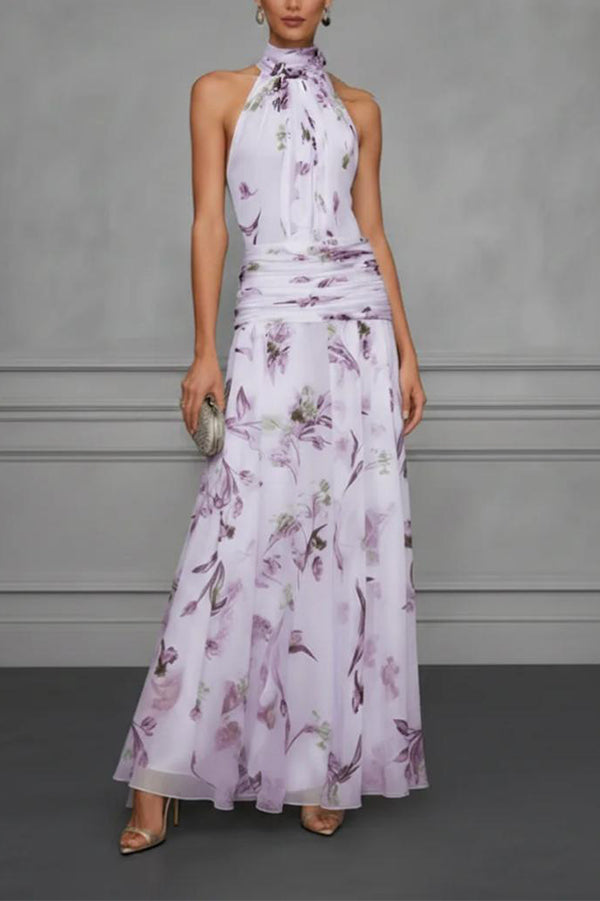 Vestido Aria floral halter fruncido