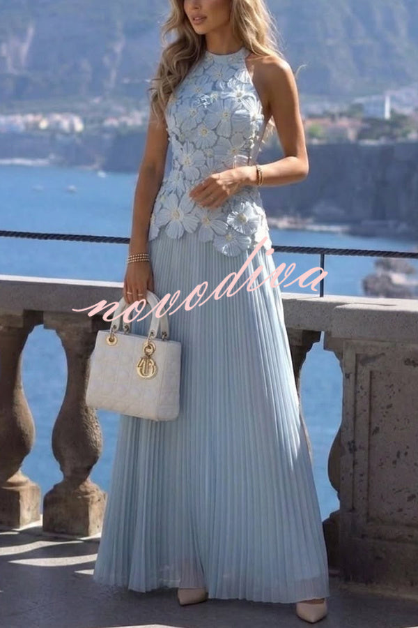 Vestido largo halter Emilie sin mangas con bordado floral 3D y bajo de gasa plisada