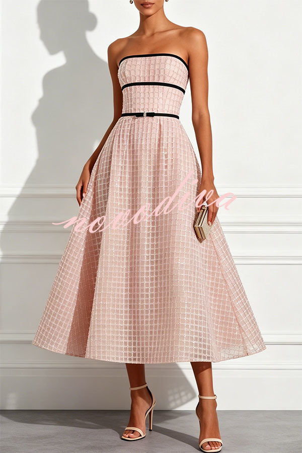 Vestido midi evasé palabra de honor de cuadros y lentejuelas con detalle de lazo