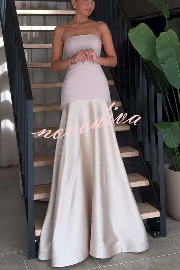 Vestido largo de gala palabra de honor de satén con paneles y vuelo, elegancia atemporal