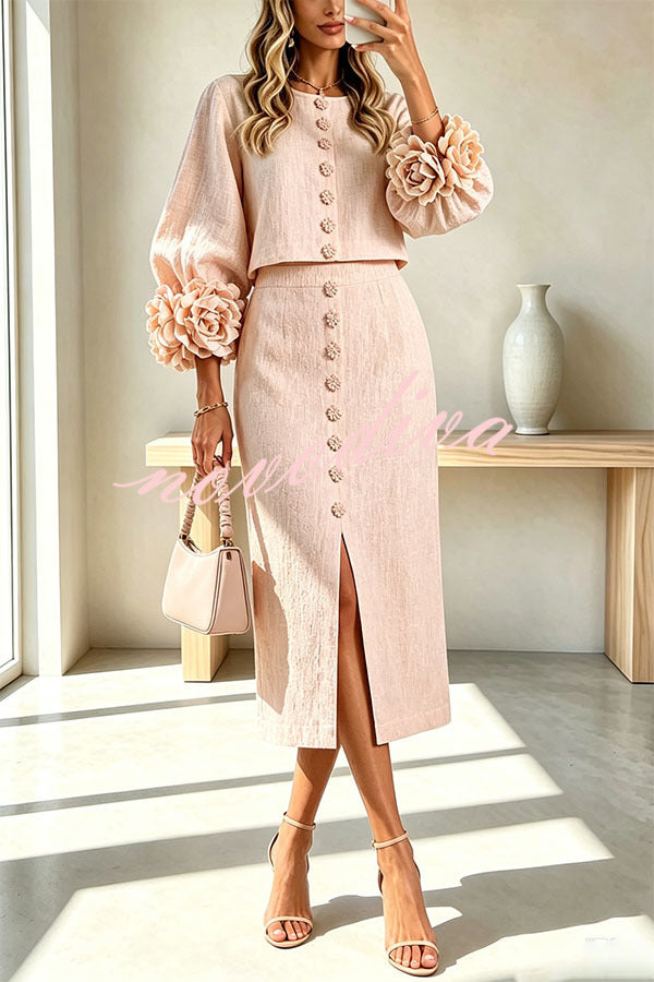 Conjunto de mezcla de lino de blusa con botones de flor y puños florales y falda midi con cintura elástica y bolsillos