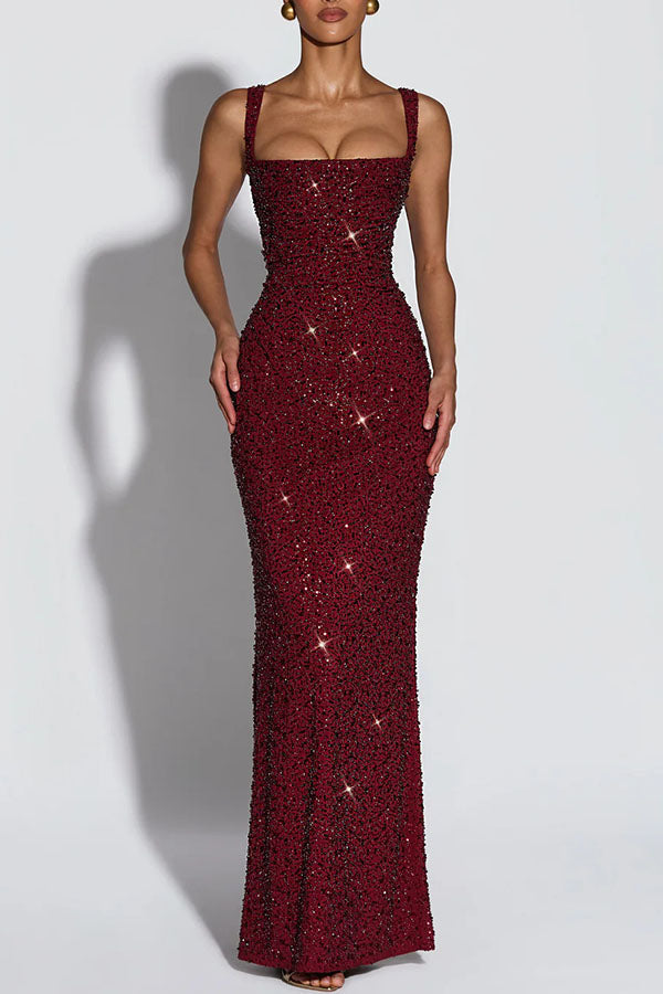 Vestido largo Calanthe de gasa con lentejuelas, fruncido, escote cuadrado y lazada en la espalda