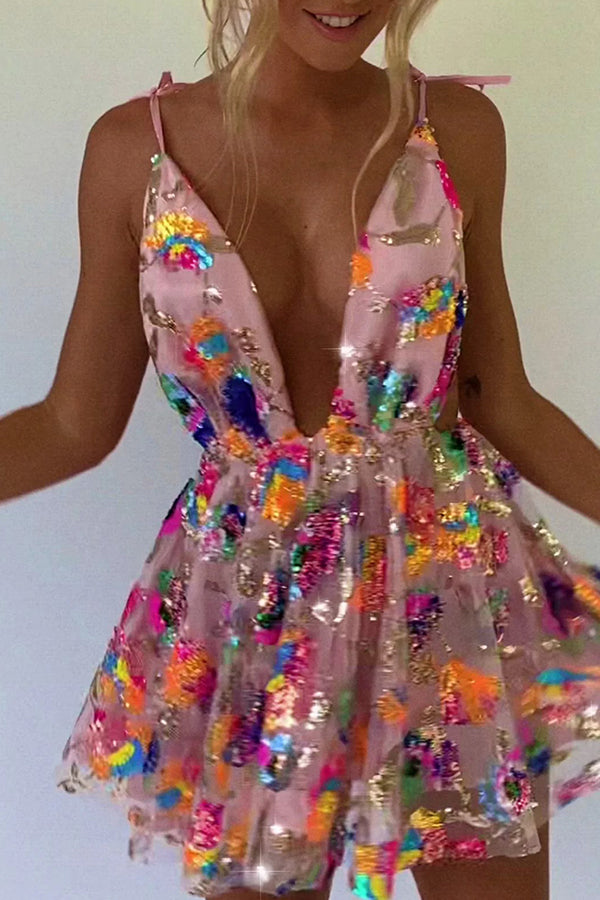 Minivestido evasé de lentejuelas con flores, escote en V, espalda abierta y lazada