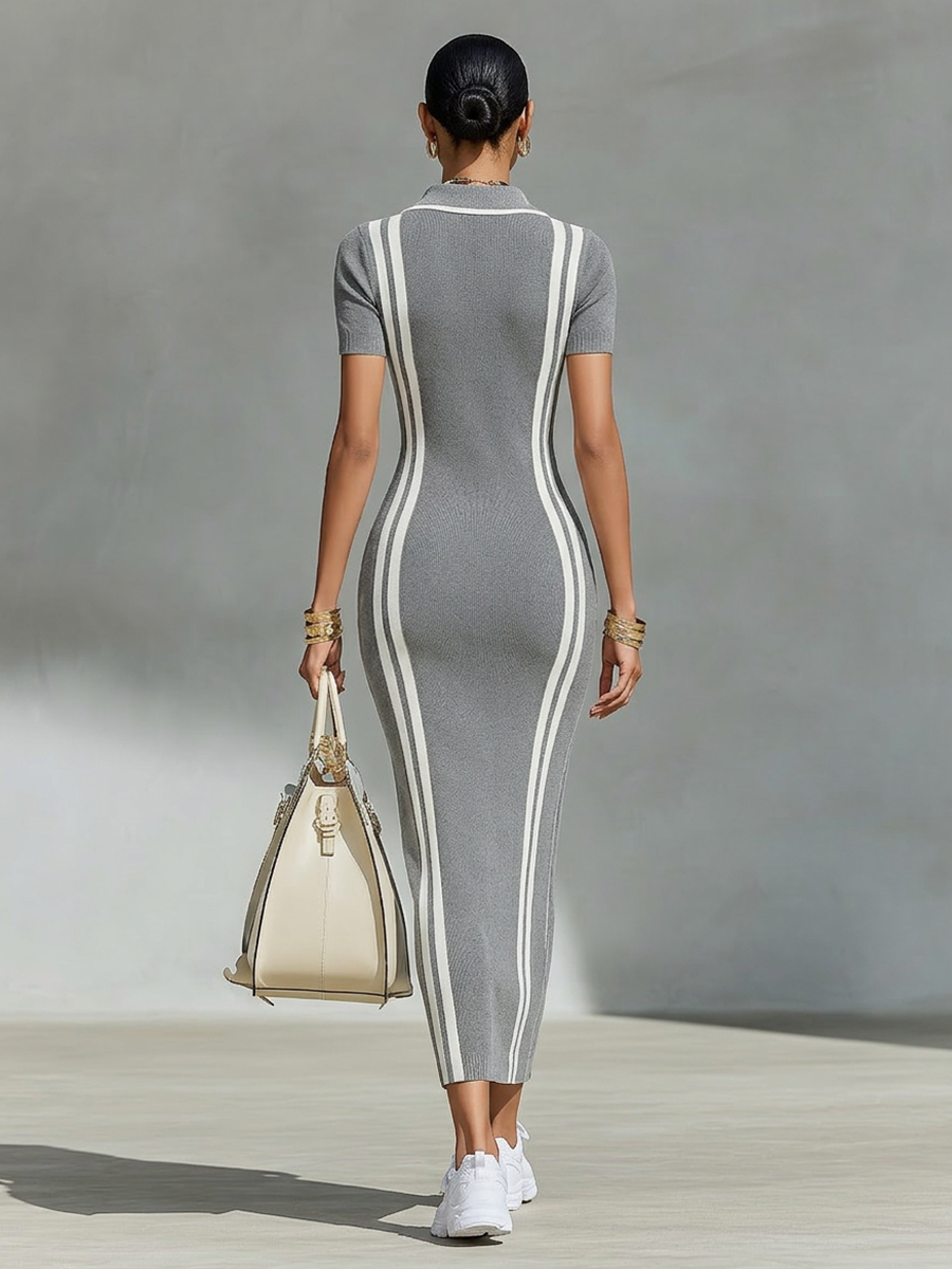 Vestido largo de mujer en punto canalé elástico gris, con cuello polo de cremallera y rayas laterales verticales, vestido lápiz ajustado chic y deportivo MDZ2497F8LYL