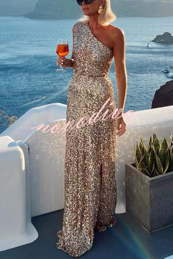 Vestido largo Noche en Santorini de tejido de lentejuelas asimétrico de un hombro con abertura