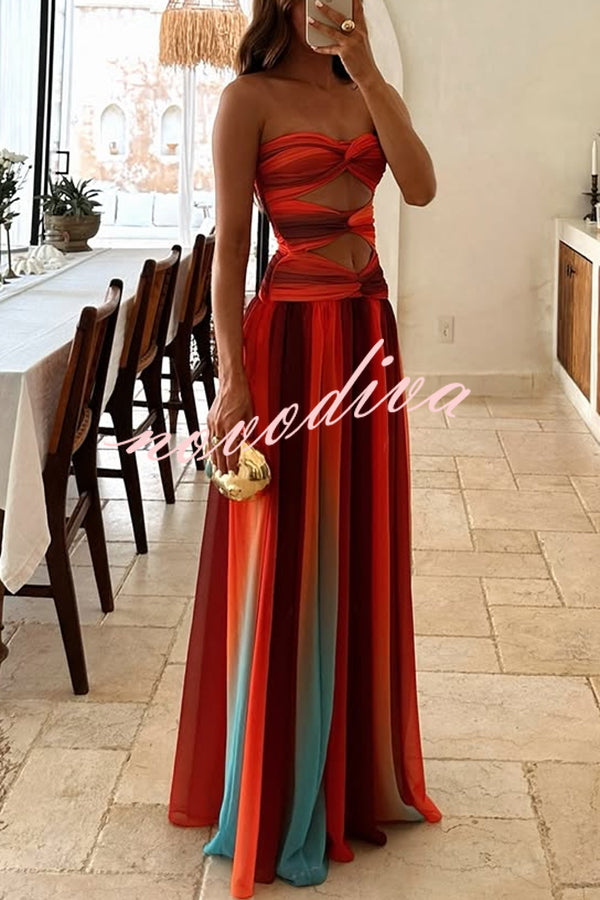 Vestido largo Atardecer en Cerdeña de malla estampada con hombros descubiertos, torsión y abertura, ideal para vacaciones
