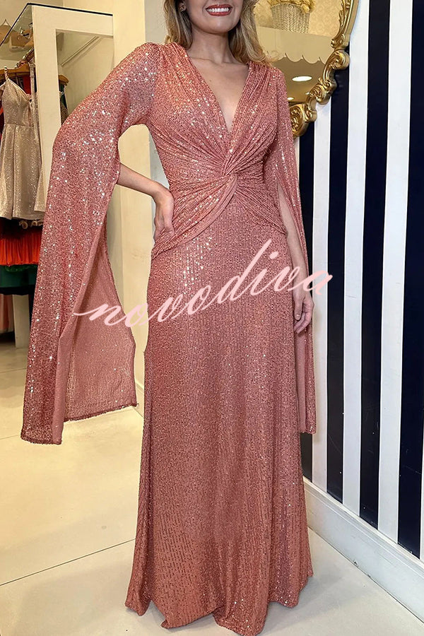 Vestido largo de noche Brilla Más de lentejuelas con manga capa y cintura cruzada