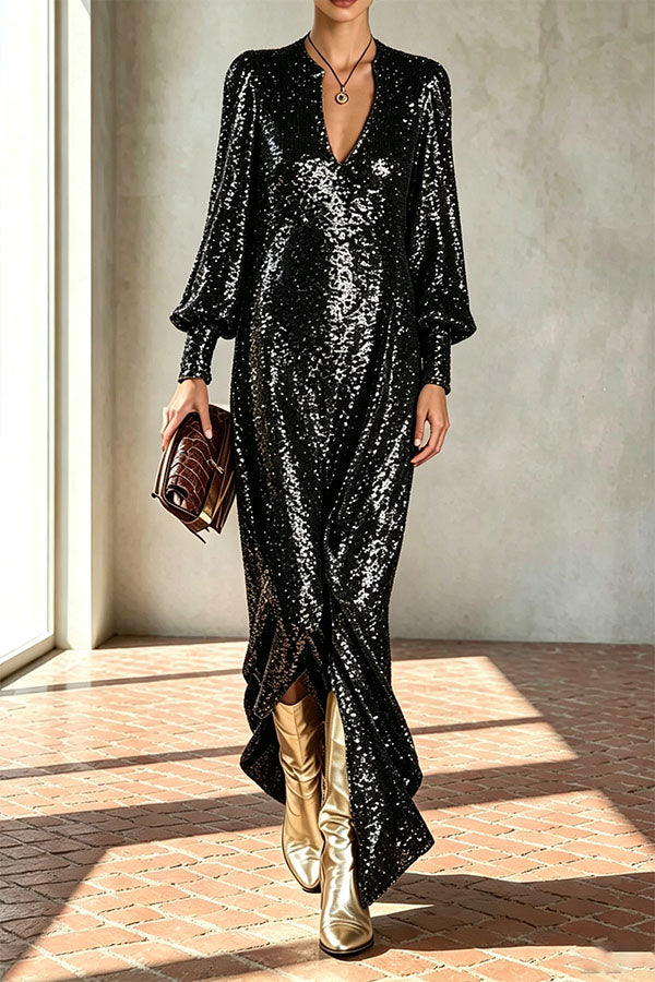 Vestido largo de fiesta Minimalista Brillante de lentejuelas con escote de pico, manga larga globo y abertura