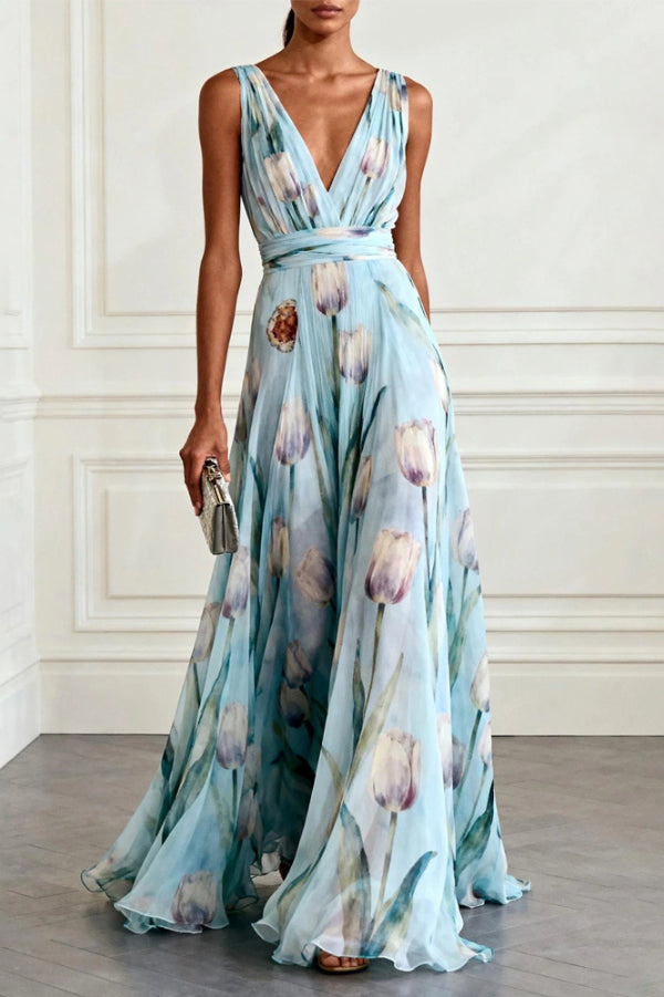Vestido largo elegante con estampado de tulipanes, escote en V, sin mangas y cintura marcada