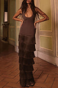 Vestido largo de tirantes sin mangas con flecos en capas en el bajo, estilo western chic