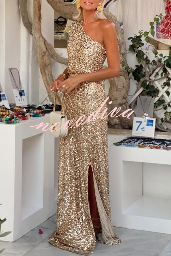 Vestido largo Noche en Santorini de tejido de lentejuelas asimétrico de un hombro con abertura