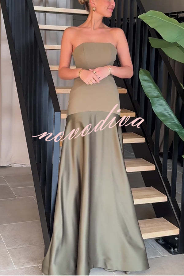 Vestido largo de gala palabra de honor de satén con paneles y vuelo, elegancia atemporal