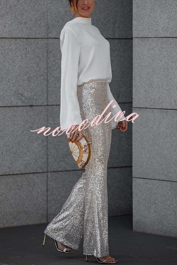 Pantalón acampanado Diva de lentejuelas con talle alto y cintura elástica