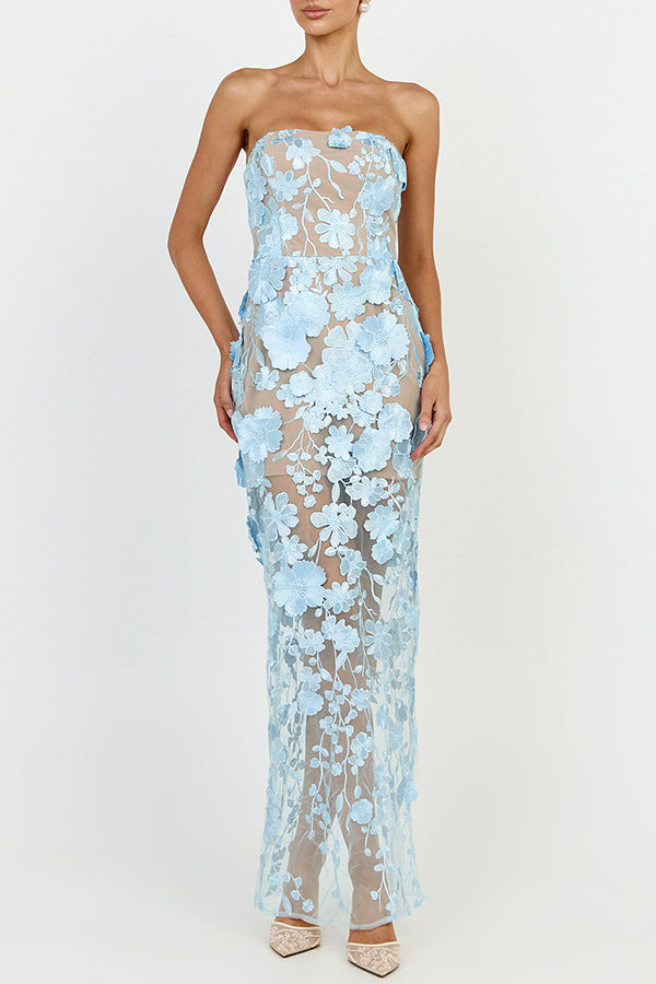 Vestido largo Sienna de tejido con bordado floral, hombros descubiertos, silueta sirena y abertura