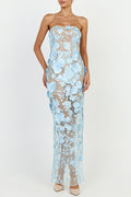Vestido largo Sienna de tejido con bordado floral, hombros descubiertos, silueta sirena y abertura