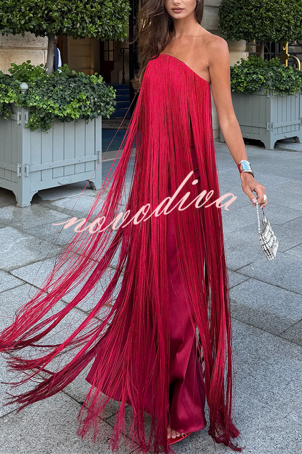 Vestido largo de gala hasta el suelo Dreamy Eye-catching con flecos brillantes y hombros descubiertos