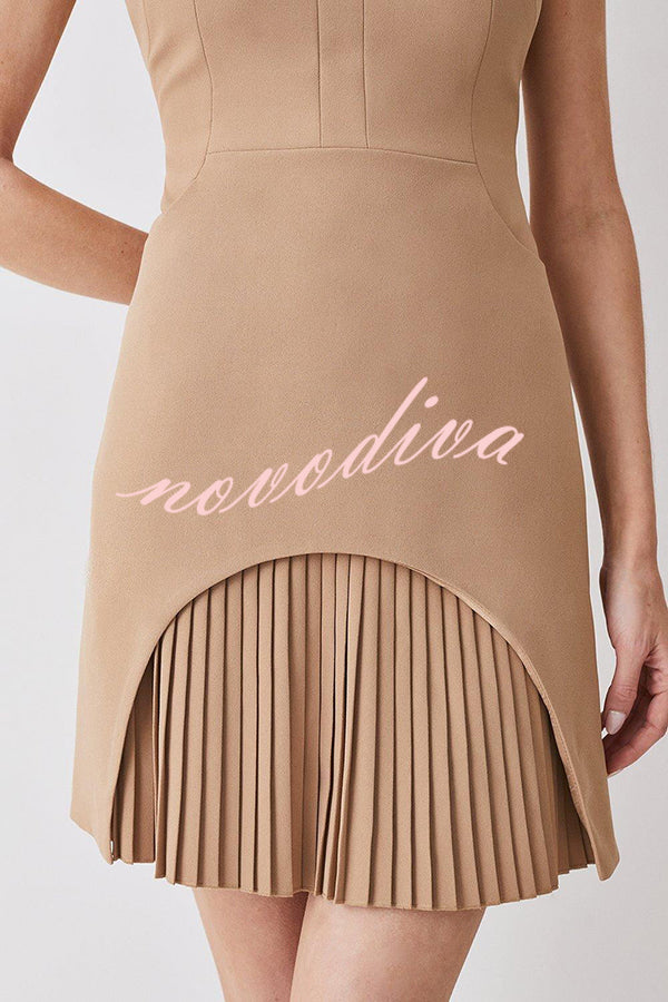 Minivestido Estilo Militar con manga corta caída, cuello alto, patchwork y bajo plisado