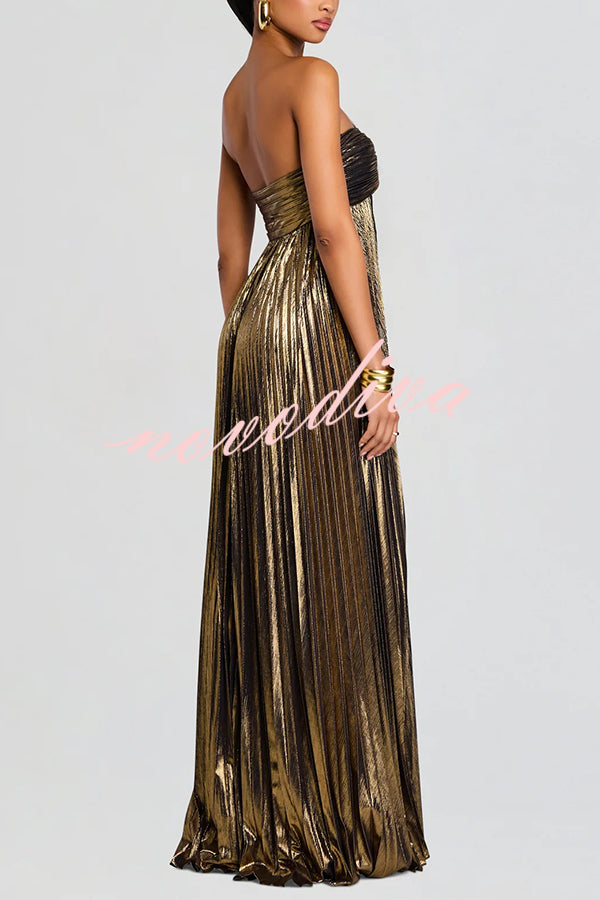 Vestido largo sexy metalizado palabra de honor plisado con abertura alta