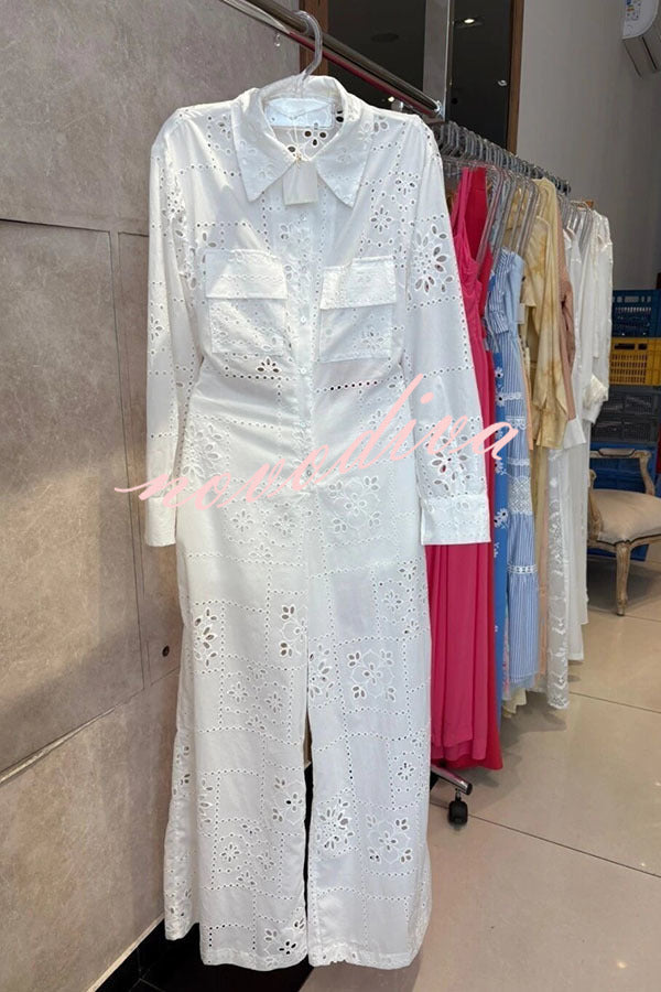 Mono camisero holgado Vivi de encaje bordado con aberturas, manga larga, bolsillos y cintura elástica