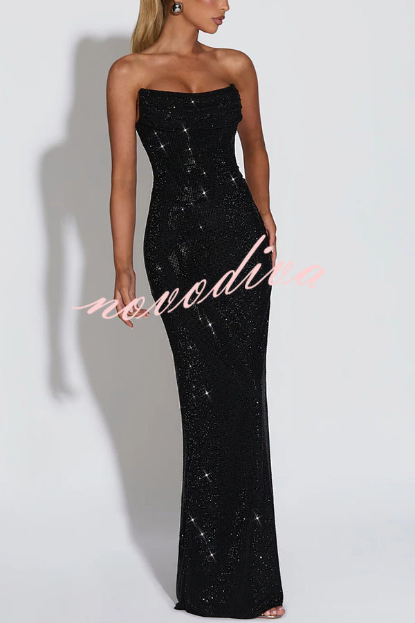 Vestido largo Mirabella palabra de honor de lentejuelas plisado con escote drapeado y lazada en la espalda