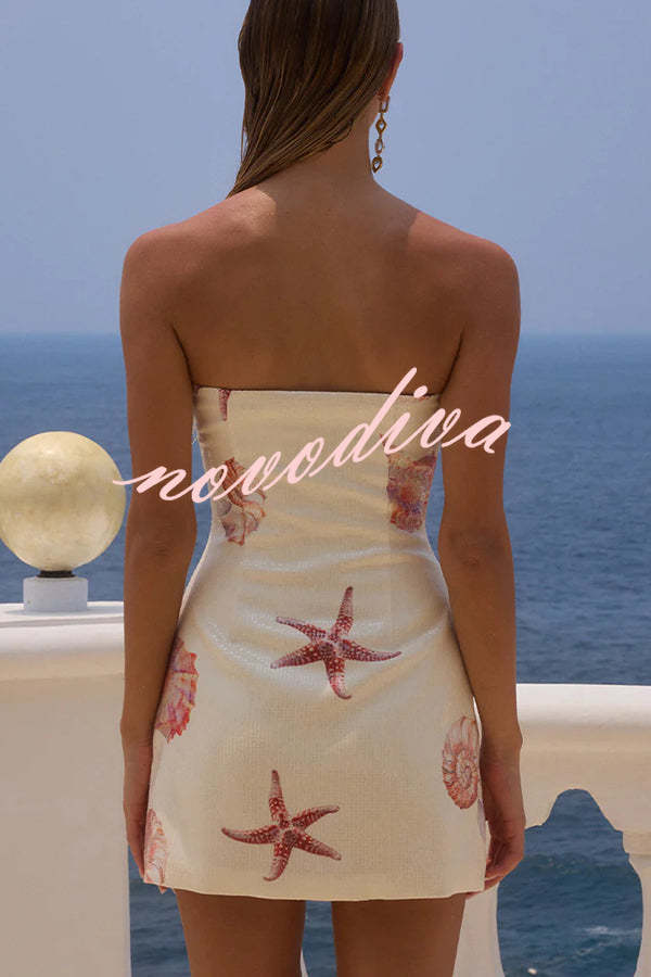 Minivestido elástico palabra de honor Beach Club de lentejuelas con estampado exclusivo