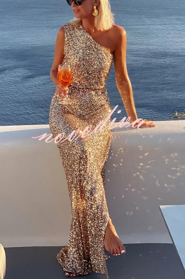 Vestido largo Noche en Santorini de tejido de lentejuelas asimétrico de un hombro con abertura