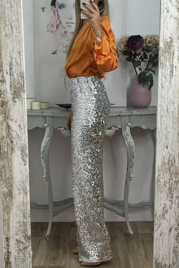 Pantalón ancho Glamour Deslumbrante de lentejuelas de talle alto con cintura elástica