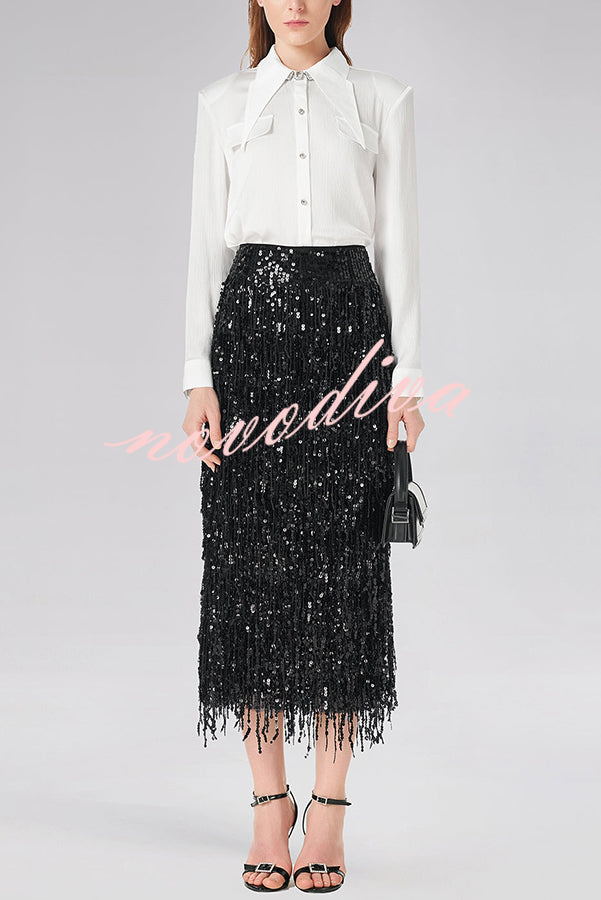 Falda midi Evening Charm de talle alto con flecos de lentejuelas superpuestos, cremallera trasera y abertura