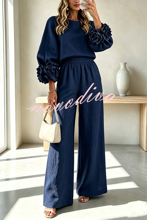 Conjunto de mezcla de lino de blusa con puños florales y pantalón con cintura elástica y bolsillos