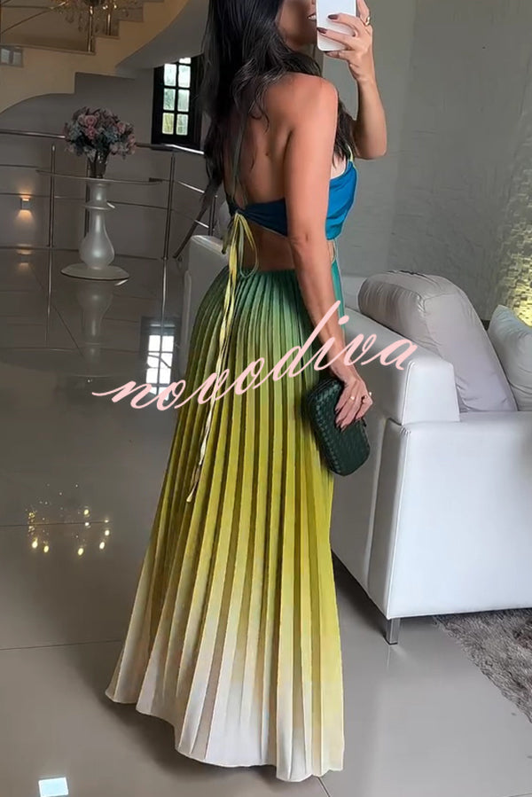 Vestido largo elegante plisado degradado con espalda descubierta y lazada