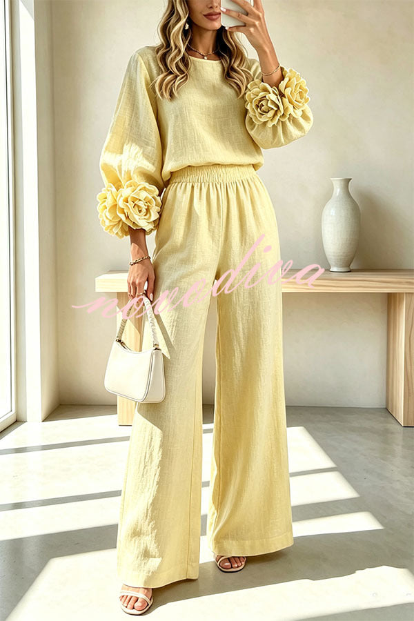 Conjunto de mezcla de lino de blusa con puños florales y pantalón con cintura elástica y bolsillos