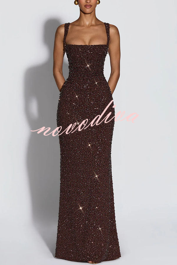 Vestido largo Calanthe de gasa con lentejuelas, fruncido, escote cuadrado y lazada en la espalda