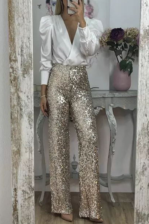 Pantalón ancho Glamour Deslumbrante de lentejuelas de talle alto con cintura elástica