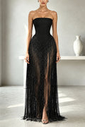 Vestido largo Sexy y Atrevida liso con hombros descubiertos y bajo con flecos