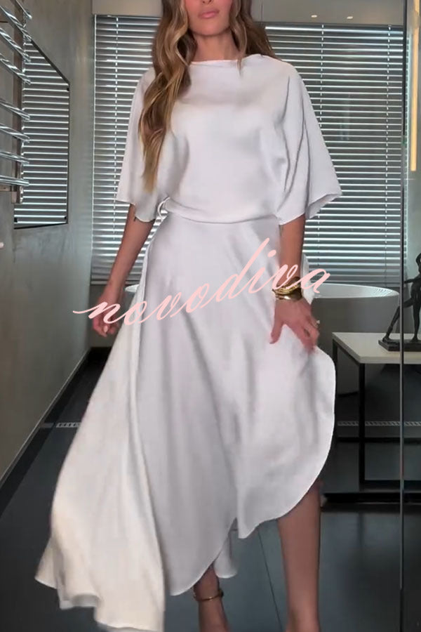 Vestido largo holgado Moderno y Elegante de satén cruzado con media manga ancha, bolsillos y abertura