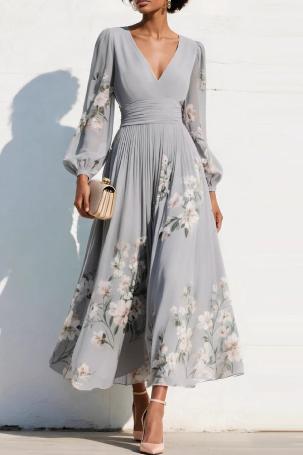 Vestido largo casual con estampado floral, escote en V, manga larga y cintura entallada