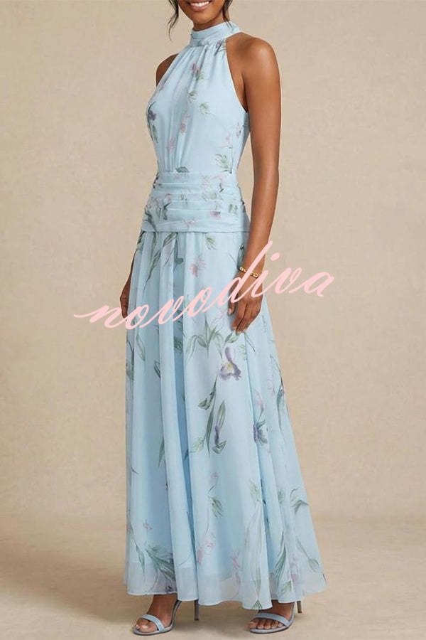 Vestido Aria floral halter fruncido