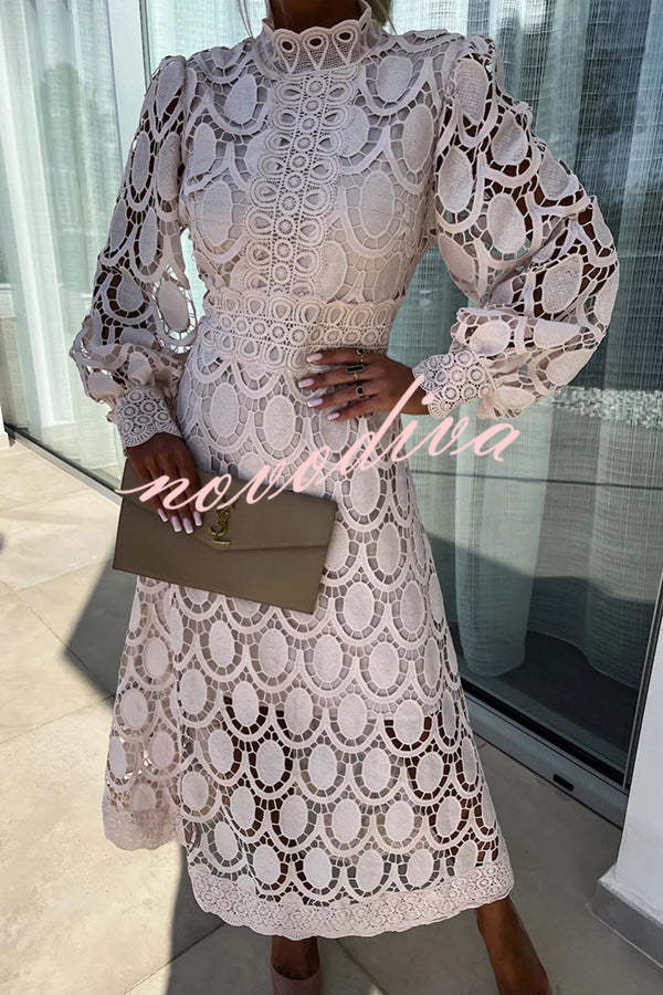 Vestido midi de fiesta Romántico, Sensual y Elegante de encaje de ganchillo con manga farol