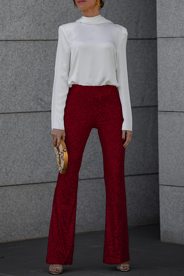 Pantalón acampanado Diva de terciopelo con lentejuelas, talle alto y cintura elástica