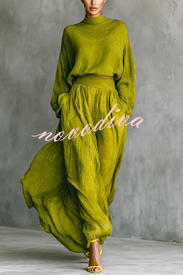 Conjunto de mezcla de lino liso de blusa holgada de manga larga y falda larga casual de talle alto con bolsillos