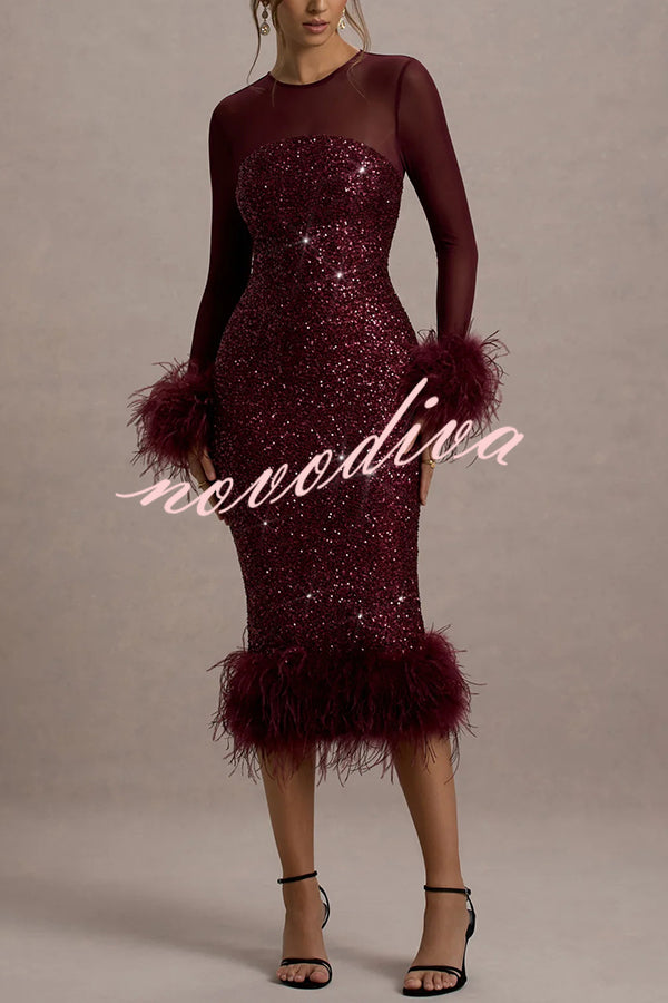 Vestido midi elástico Glamour y Drama de malla con patchwork de lentejuelas y ribete de plumas