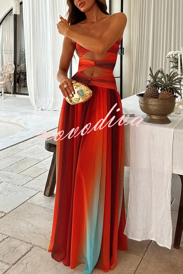 Vestido largo Atardecer en Cerdeña de malla estampada con hombros descubiertos, torsión y abertura, ideal para vacaciones