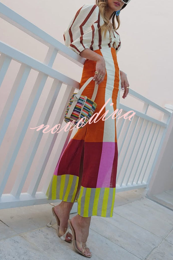 Vestido largo Kaya de mezcla de lino con estampado de bloques de color, abertura delantera con nudo y manga abullonada
