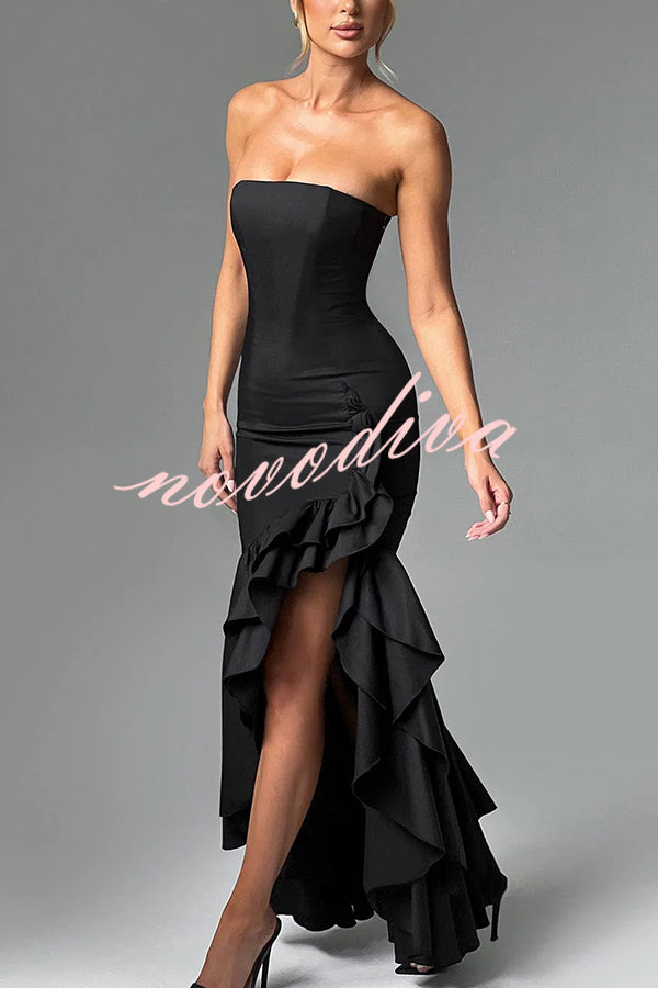 Vestido largo ajustado sexy con hombros descubiertos y bajo irregular