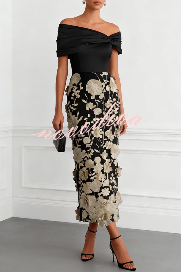 Vestido midi ajustado clásico con bordado floral 3D, hombros descubiertos y manga corta