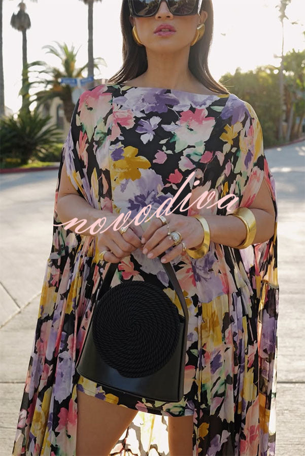 Vestido largo con capa Garden Party con estampado floral en contraste y bajo asimétrico