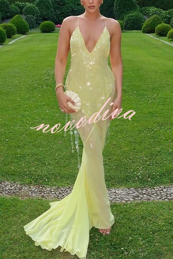 Vestido largo lencero Noche Perfecta de lentejuelas bordadas con espalda descubierta y bajo drapeado de tul